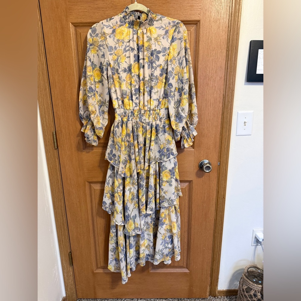 Sam and Jess maxi dress women’s small yellow blue 3/4 sleeve asymmetrical tiered